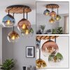 Cluster ceiling light Koyoto with four hanging glass shades and round wood slat canopy