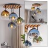 Cluster ceiling light Koyoto with 4 colourful glass shades and wooden slat canopy