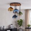 Cluster ceiling light Koyoto with 4 colourful glass shades and wooden slat canopy