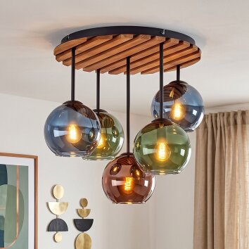 Cluster ceiling light Koyoto with 5 blue, green and coppery glass shades, wood slats