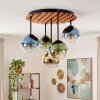 Modern cluster ceiling light Koyoto with wood-slat canopy and colorful glass shades