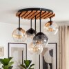 Cluster ceiling light Koyoto with wooden slats and glass shades in amber and smoke-coloured