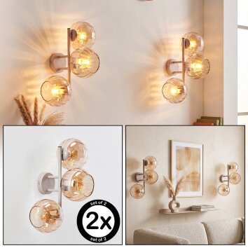 Modern Globe wall light Koyoto in a set of 2 with three clustered amber glass shades