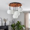 Boho Style cluster ceiling light Ripoll with five white glass shades and wood slat panel