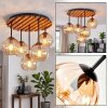 Modern Cluster Ceiling Light Koyoto with five amber glass shades and wood slat canopy