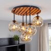 Cluster ceiling light Ripoll, wooden slat canopy, 5 amber glass shades over the dining table