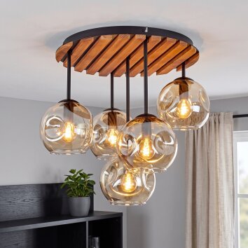 Cluster ceiling light Ripoll, wooden slat canopy, 5 amber glass shades over the dining table
