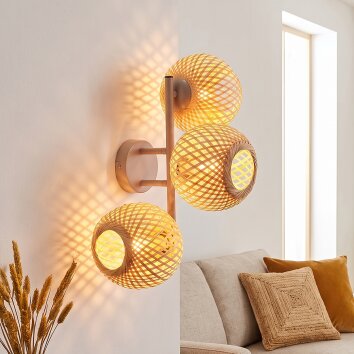Cluster Wall Light Basto with Three Woven Spherical Bamboo Shades, Sand-Coloured