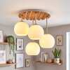 Sand-coloured globe ceiling light Koyoto with four white glass shades and slatted wood canopy