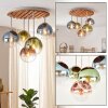 Cluster ceiling light Gastor, wood slat canopy, 5 blue, green, coppery and clear glass shades