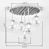 Cluster ceiling light Gastor, wood slat canopy, 5 blue, green, coppery and clear glass shades