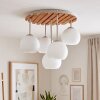 Sand-coloured cluster ceiling light Koyoto, wooden slat canopy, 5 white glass shades