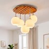 Sand-coloured cluster ceiling light Koyoto, wooden slat canopy, 5 white glass shades