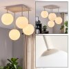 Modern cluster ceiling light Gastor with four white glass shades and sand-coloured frame