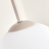 Modern cluster ceiling light Gastor with four white glass shades and sand-coloured frame