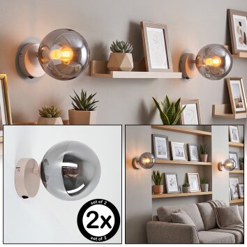 Modern Globe wall light Gastor, 2-piece set with smoke-coloured round glass shade
