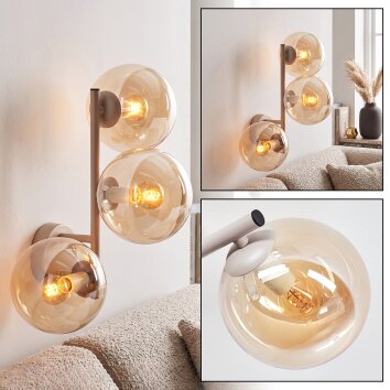 Modern Wall Light Gastor with three clustered amber glass shades in sand-coloured metal