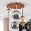 Cluster Ceiling Light Koyoto with Sand-Coloured Wooden Slats and Smoke and Amber Glass Shades