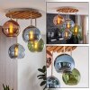 Cluster ceiling light Koyoto with four colourful glass shades and wooden slat canopy