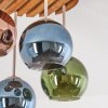 Cluster ceiling light Koyoto with four colourful glass shades and wooden slat canopy