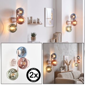 Globe wall light Koyoto, 2-piece set with blue, green, coppery and clear glass shades