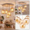 Retro round cluster ceiling light Koyoto with 5 amber rippled glass shades