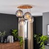 Boho Cluster Ceiling Light Koyoto with wood slat canopy, 4 smoked and clear glass shades