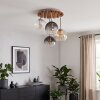 Wooden-slat Ceiling Light Koyoto with 4 glass shades in amber, smoke and clear