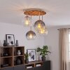 Wooden-slat Ceiling Light Koyoto with 4 glass shades in amber, smoke and clear