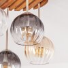 Wooden-slat Ceiling Light Koyoto with 4 glass shades in amber, smoke and clear