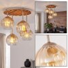Boho cluster ceiling light Koyoto with four amber-clear glass shades, slatted canopy