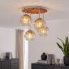 Boho cluster ceiling light Koyoto with four amber-clear glass shades, slatted canopy
