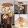 Modern cluster ceiling light Koyoto with 4 amber glass shades and wooden slat canopy