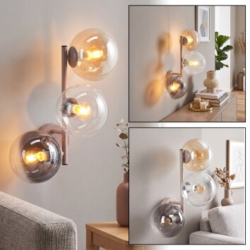Modern wall light Gastor with three round glass shades in smoke, amber and clear