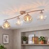 Modern cluster ceiling light Koyoto with four amber and clear rippled glass shades