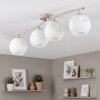 Modern Globe Ceiling Light Ripoll with four white glass shades, sand-coloured metal