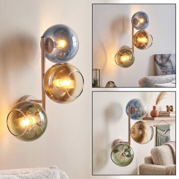 Modern Cluster Wall Light Koyoto with three blue, green, gold and clear glass shades