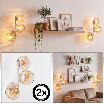 Modern globe wall light Koyoto, 2-piece set with 3 vertical amber glass shades