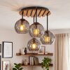 Modern cluster ceiling light Koyoto with wood-slat canopy and 4 smoke-coloured glass shades