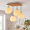 Modern cluster ceiling light Ripoll, sand-coloured slatted wood canopy and white glass shades