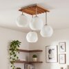 Modern cluster ceiling light Ripoll, sand-coloured slatted wood canopy and white glass shades