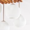 Modern cluster ceiling light Ripoll, sand-coloured slatted wood canopy and white glass shades