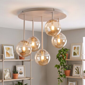 Modern Cluster ceiling light Chehalis with five amber glass shades in staggered heights