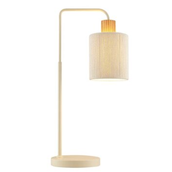 Brilliant Leuchten Table Lamp Arlo with a curved arm and beige fabric shade